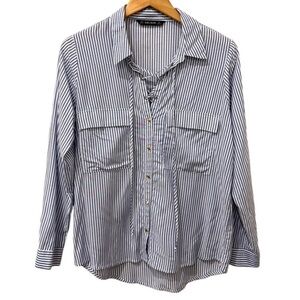 Zara Blue White Stripe Lightweight‎ Gold Snap Button Front Blouse Size Medium